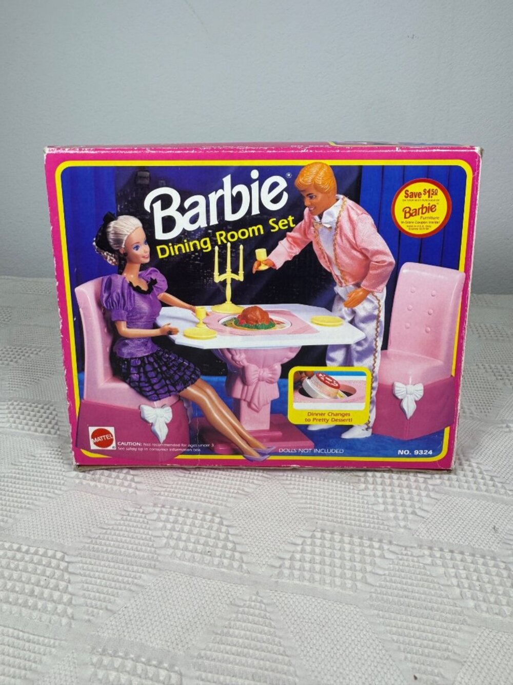 Barbie Dining Room Set Mattel 9324 Vintage 1990s Doll Furniture Accessories Pink